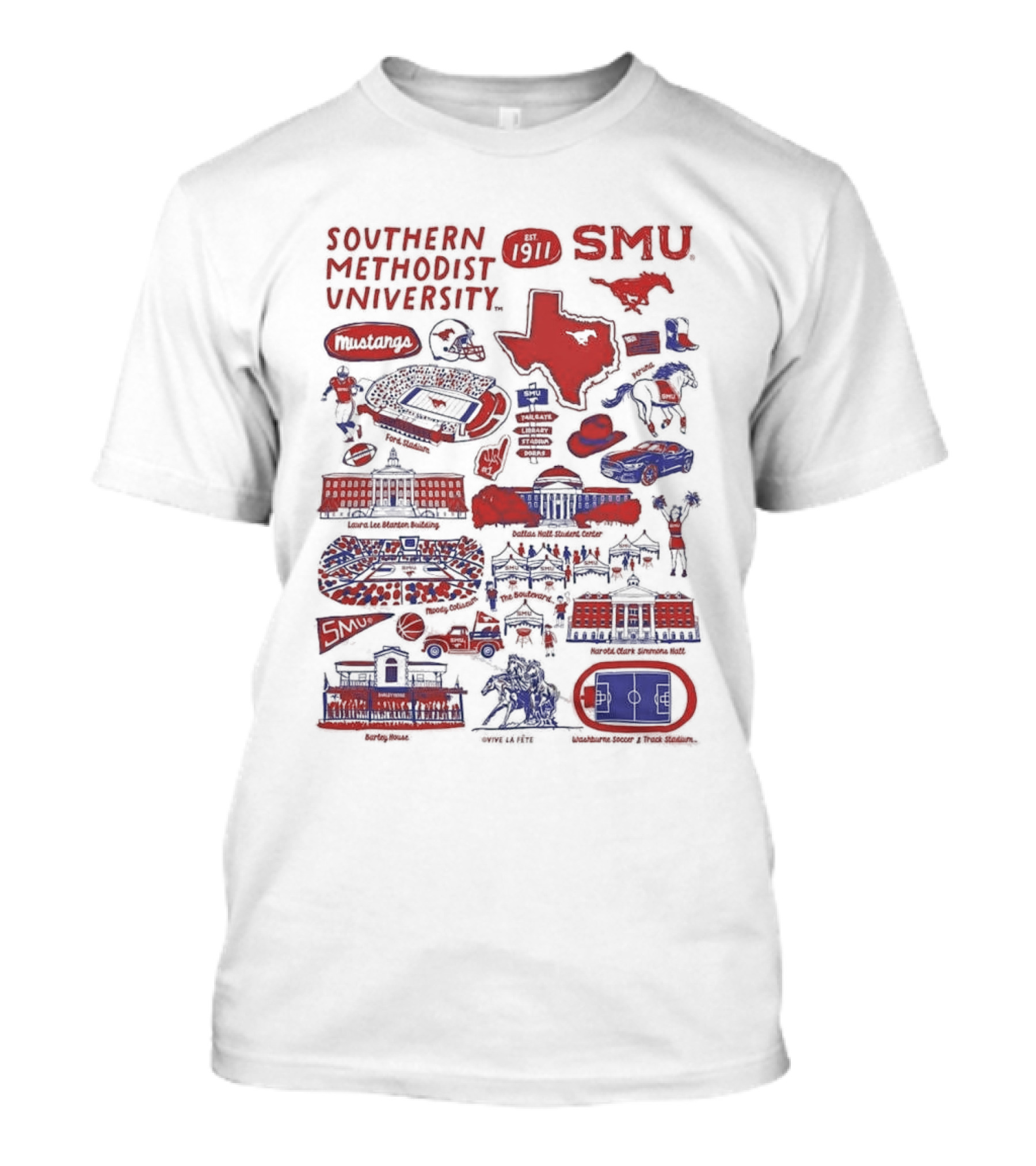 Southern Methodist University SMU Mustangs Est 1911 Vive La Fete Impressions Dallas Iconic Landmarks T-Shirt