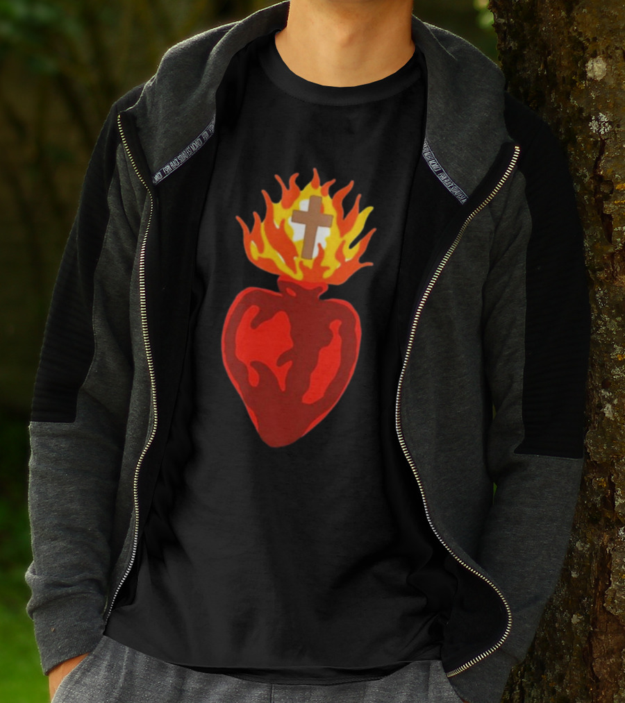 B Lake Sacred Heart Love Of God Cross Flame T-Shirt