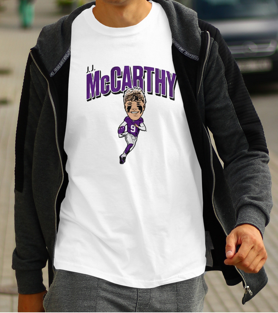 J.J. McCarthy 9 Running Quarterback Caricature T-Shirt