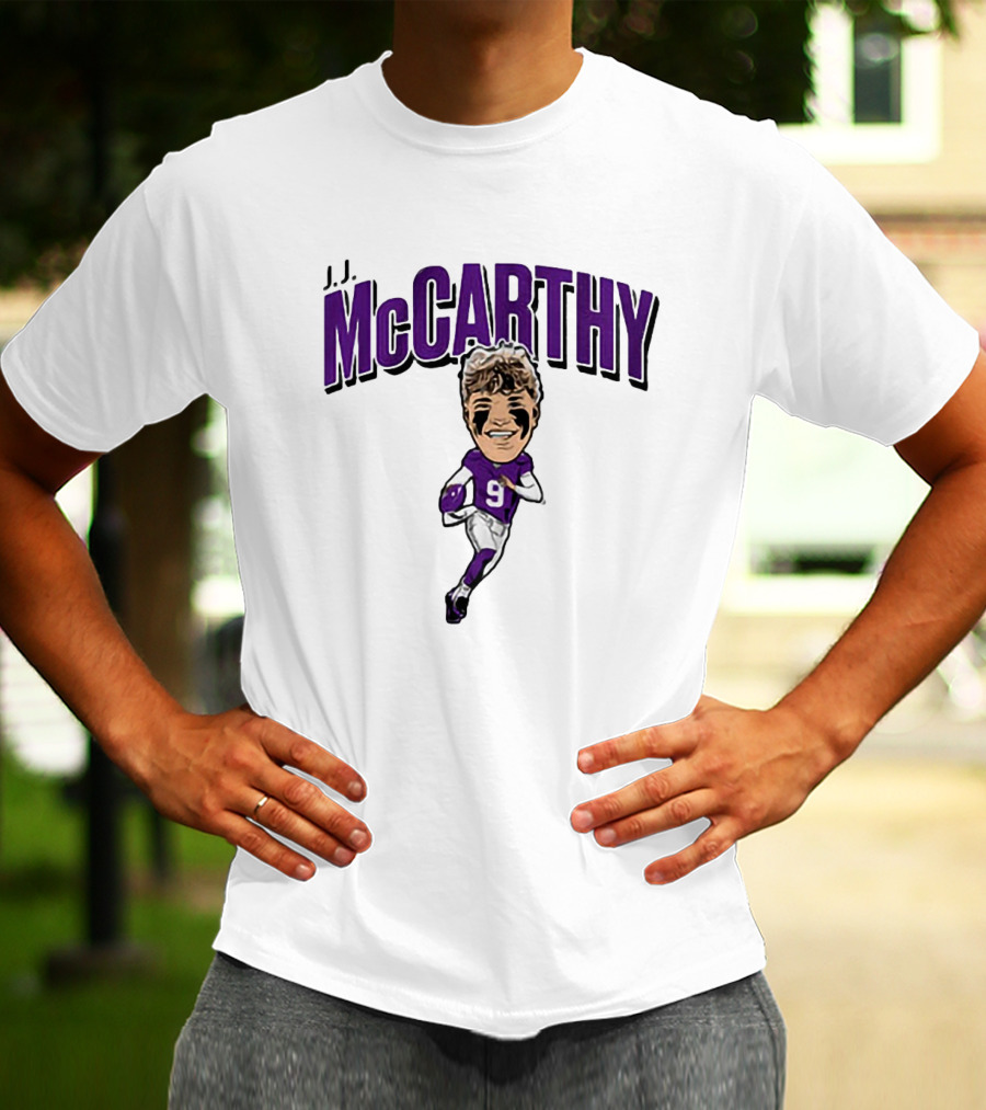 J.J. McCarthy 9 Running Quarterback Caricature T-Shirt