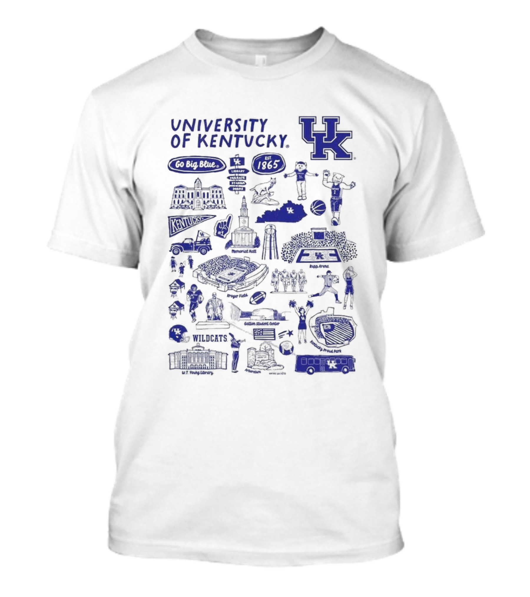 University Of Kentucky Go Big Blue Wildcats Rupp Arena Memorial Hall Kroger Field Lextran UK Basketball 1865 Established Kentucky Wildcats Vive La Fete Impressions T-Shirt