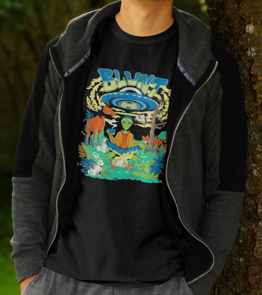 Blunt UFO Alien Smoking Forest Scene T-Shirt