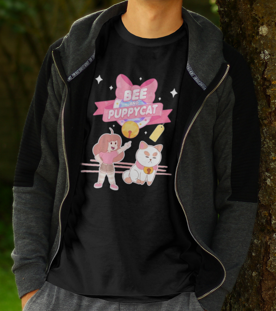 Bee And PuppyCat Cute Cartoon Characters With Pink Bow And Stars T-Shirt