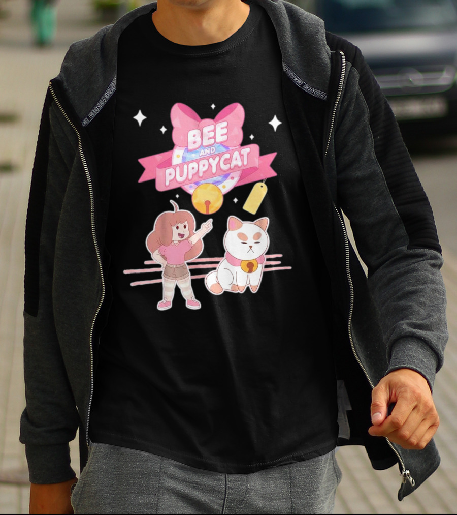 Bee And PuppyCat Cute Cartoon Characters With Pink Bow And Stars T-Shirt