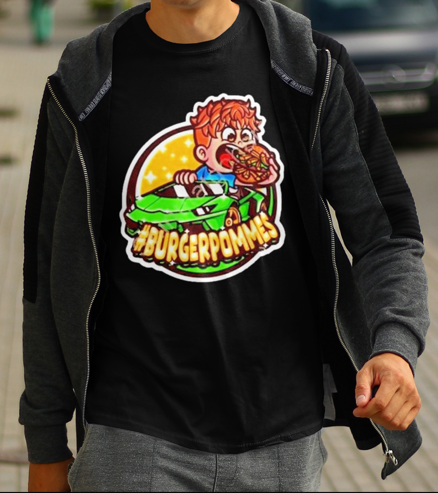 Lukas Eating Burger In Green Car #Burgerpommes T-Shirt
