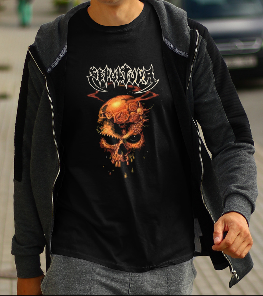Sepultura Beneath The Remains Skull Design With Roses And Flames T-Shirt