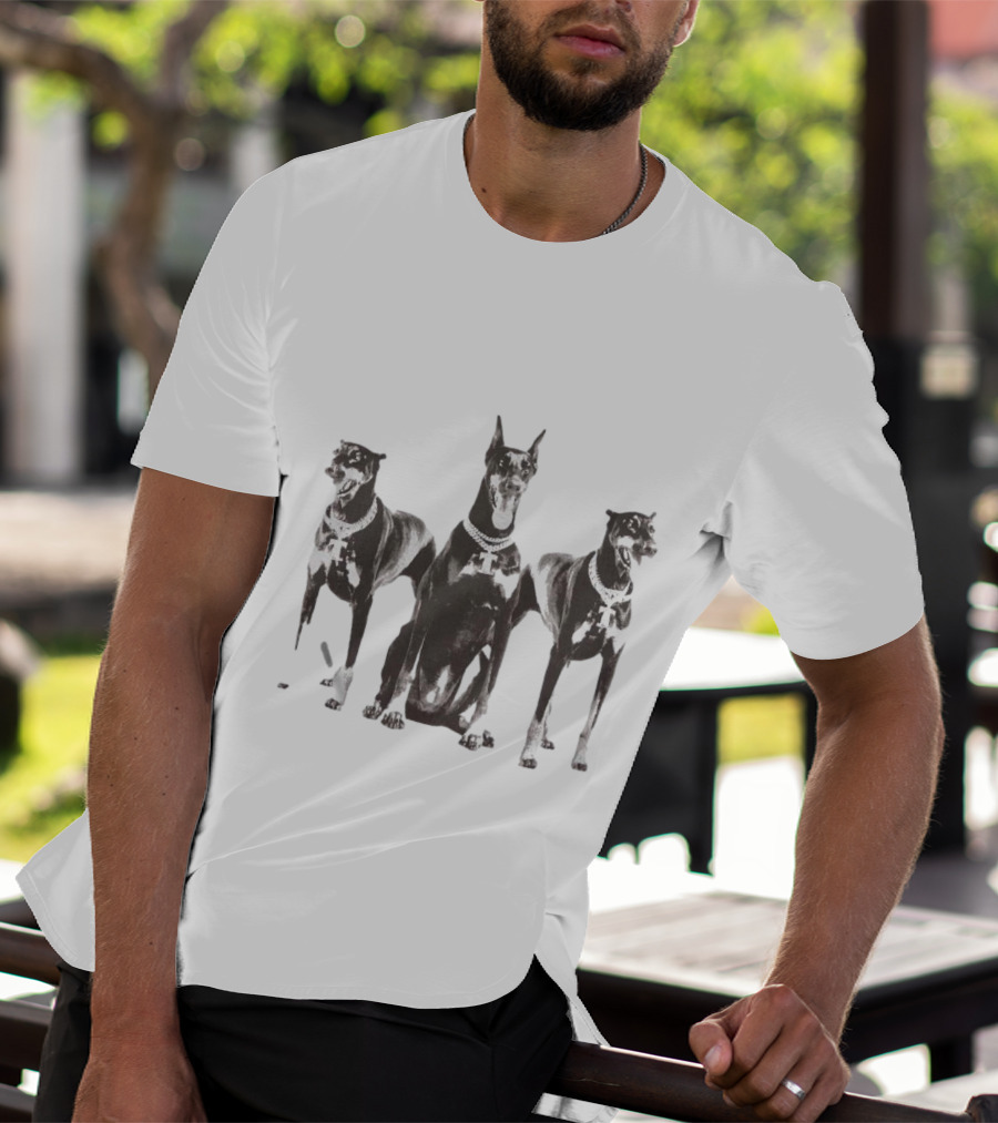 Doberman Dogs Trio In Black And White With Chain Collars T-Shirt