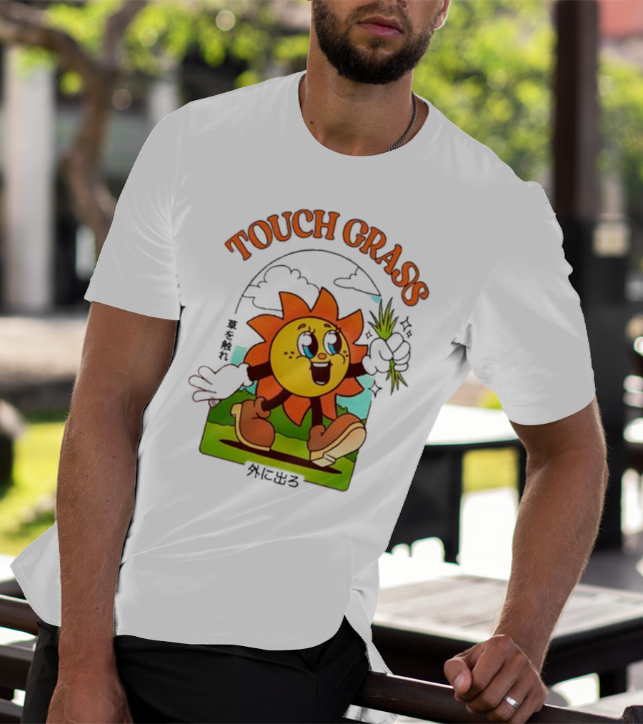 Touch Grass Retro Sun Character Outdoors Japanese Text T-Shirt