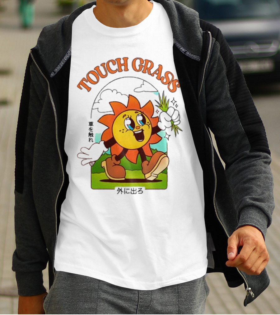 Touch Grass Retro Sun Character Outdoors Japanese Text T-Shirt