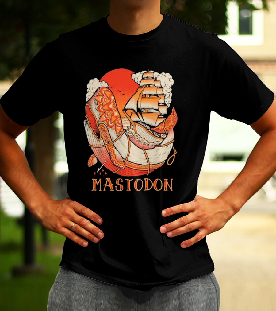 Mastodon Whale Tattoo Ship Against Red Sun T-Shirt