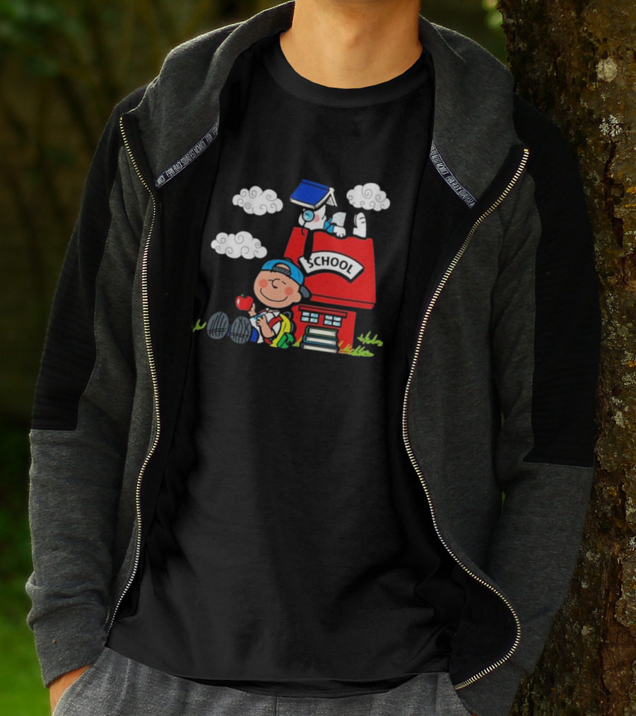 Snoopy School House With Backpack Apple And Clouds T-Shirt