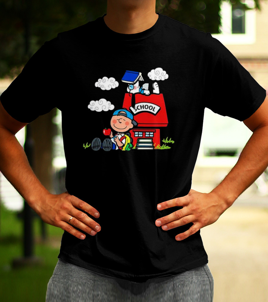 Snoopy School House With Backpack Apple And Clouds T-Shirt