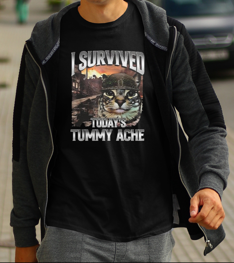 I Survived Today’s Tummy Ache Cat In Soldier Helmet With Warzone Background T-Shirt