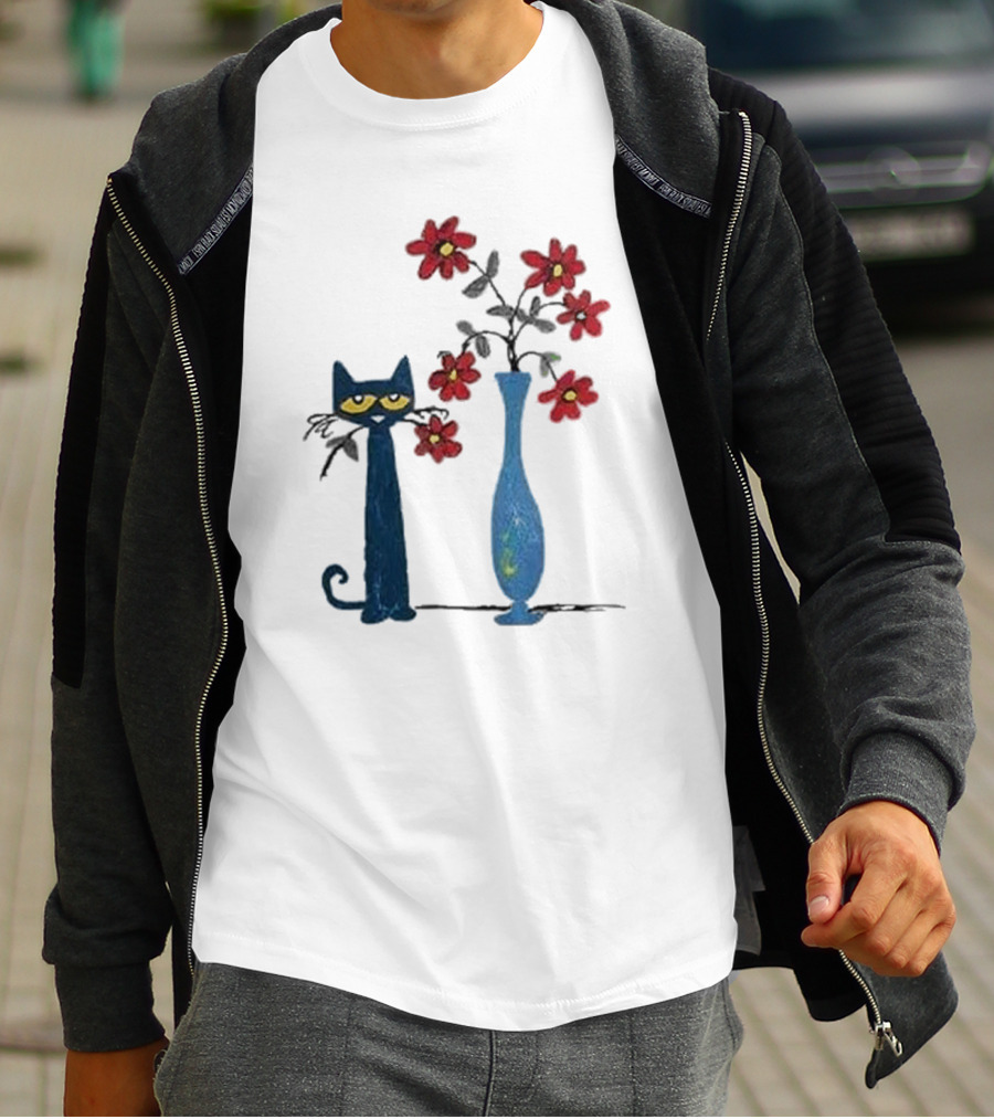 Pete The Cat And Red Flowers In Blue Vase T-Shirt