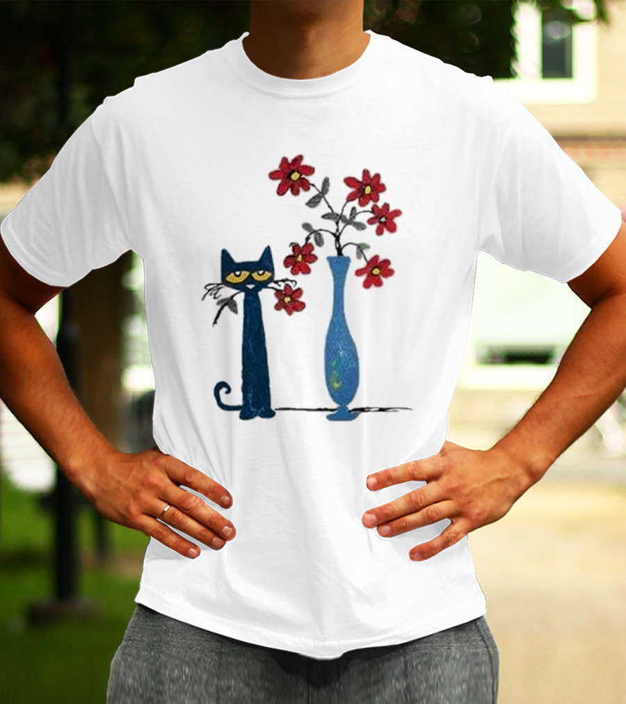 Pete The Cat And Red Flowers In Blue Vase T-Shirt