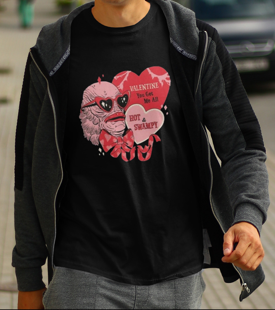 Valentine You Get Me All Hot And Swampy Creature With Heart Sunglasses And Bow Tie T-Shirt