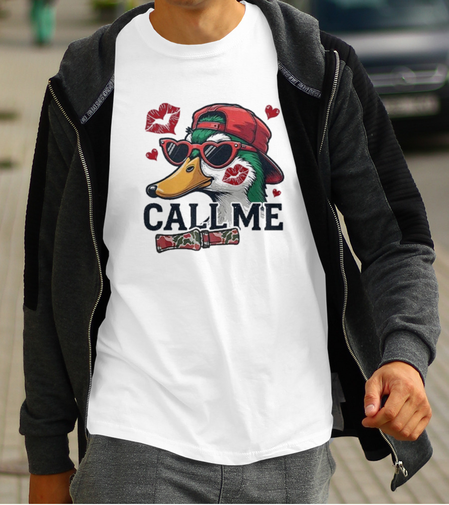 Call Me Valentine Mallard Duck In Sunglasses And Red Cap Surrounded By Hearts And Kisses T-Shirt