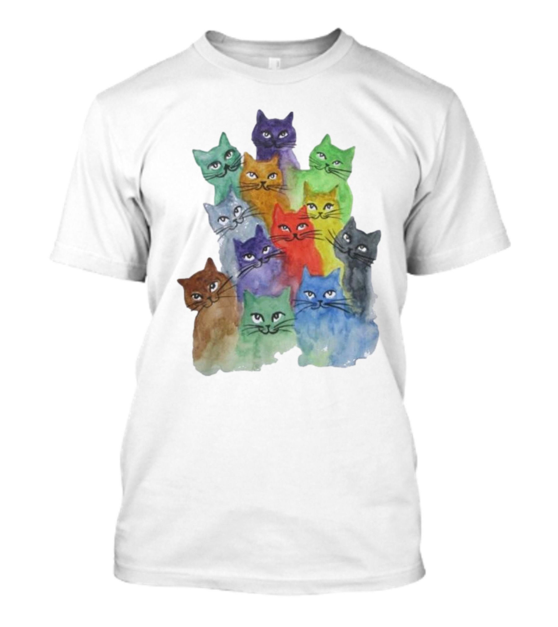 Cats All Around Colorful Watercolor Feline Faces T-Shirt