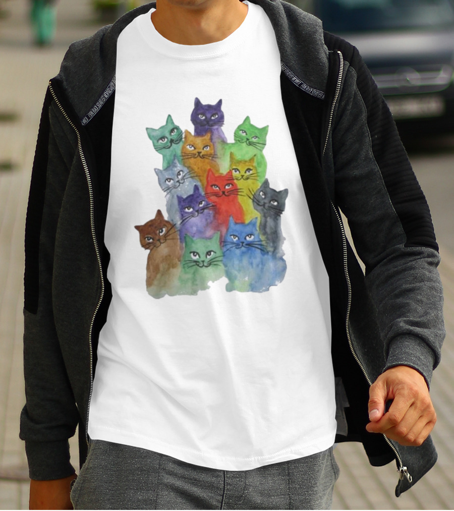 Cats All Around Colorful Watercolor Feline Faces T-Shirt