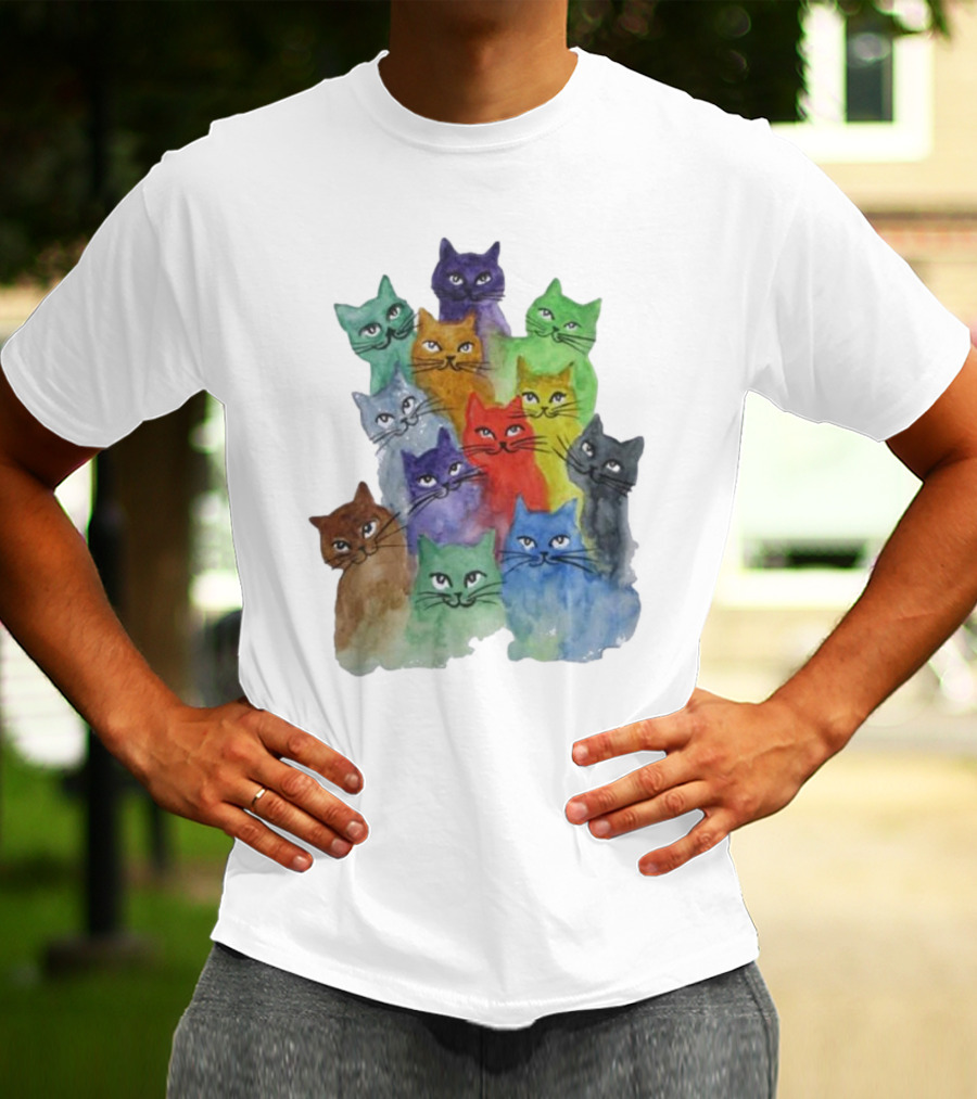 Cats All Around Colorful Watercolor Feline Faces T-Shirt