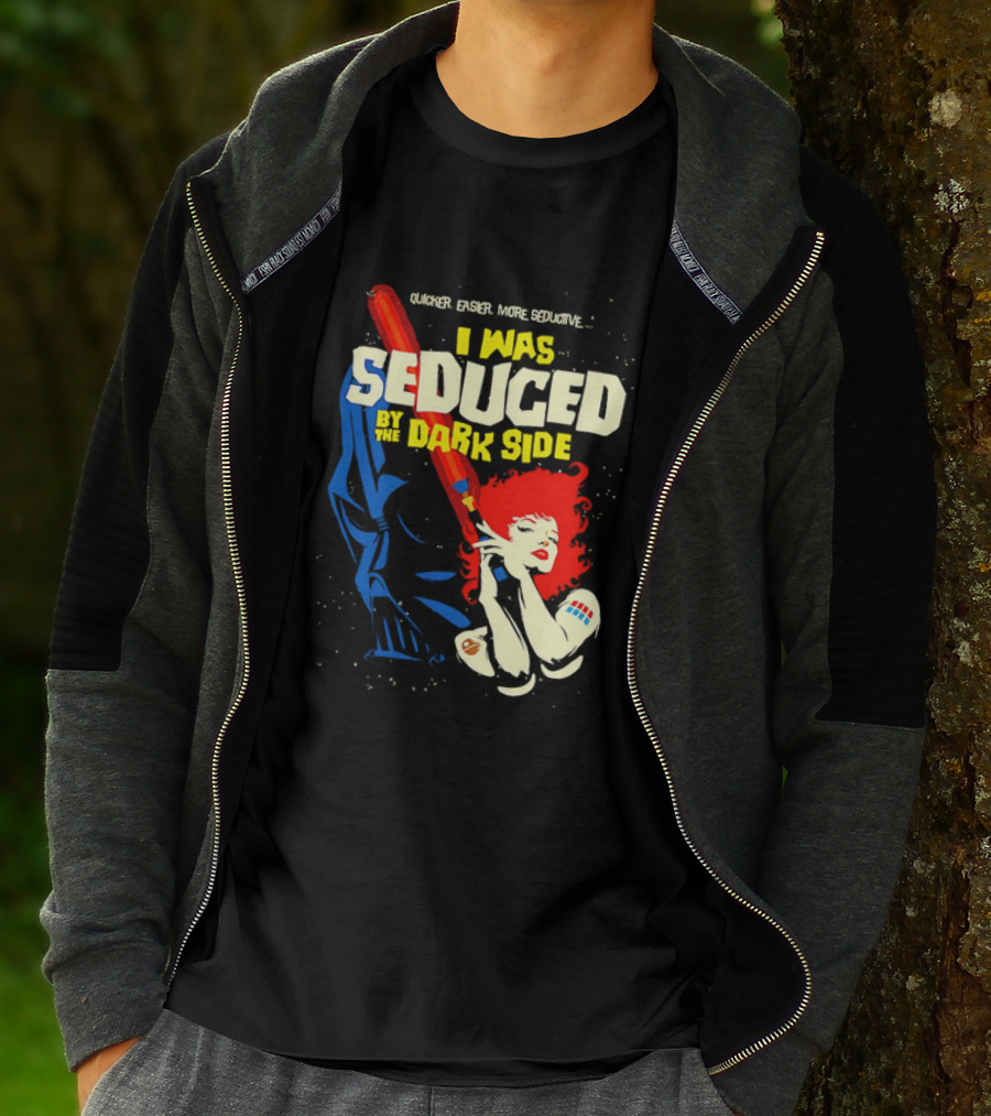 I Was Seduced By The Dark Side Cartoon Darth Vader And Redhead Woman T-Shirt