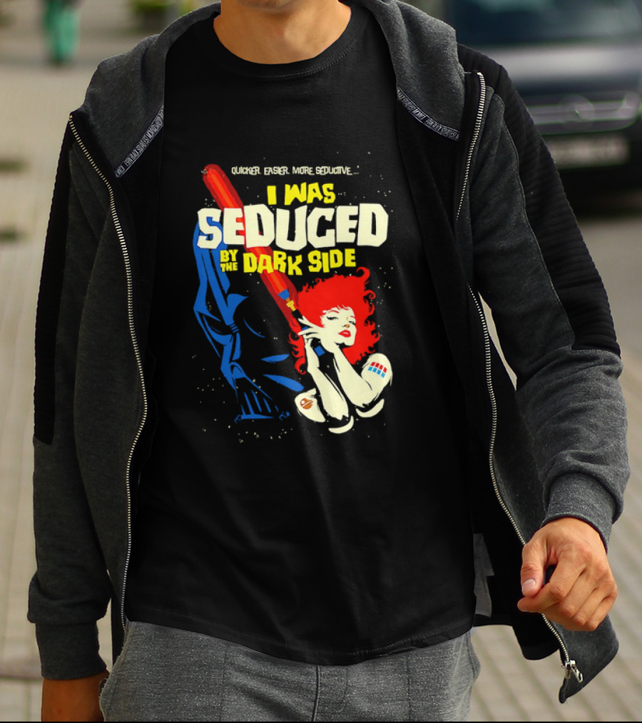 I Was Seduced By The Dark Side Cartoon Darth Vader And Redhead Woman T-Shirt