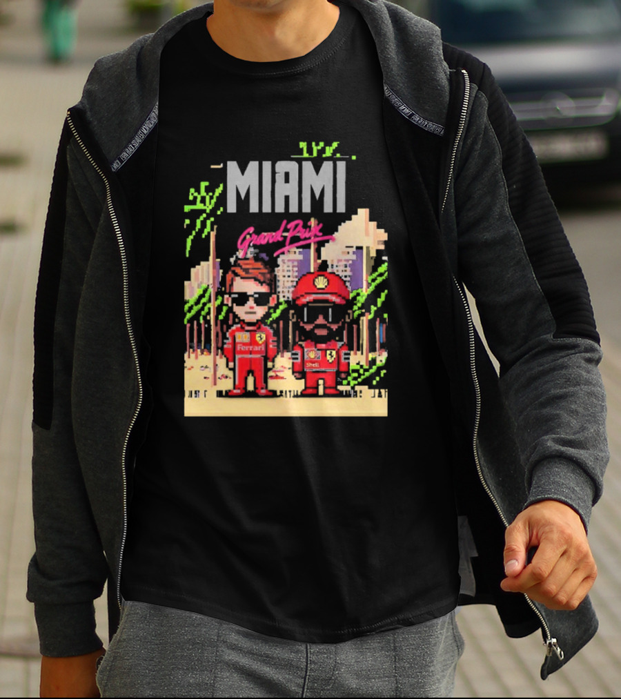 Lewis Hamilton Charles Leclerc Ferrari Team Pixel Style Miami Grand Prix 2025 T-Shirt