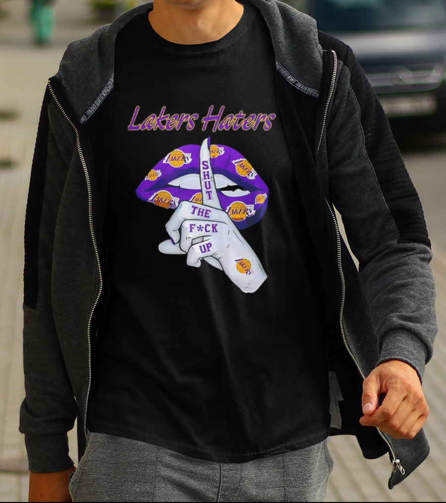 Lakers Haters Shut The F*ck Up Lips Finger Gesture Basketball Theme T-Shirt