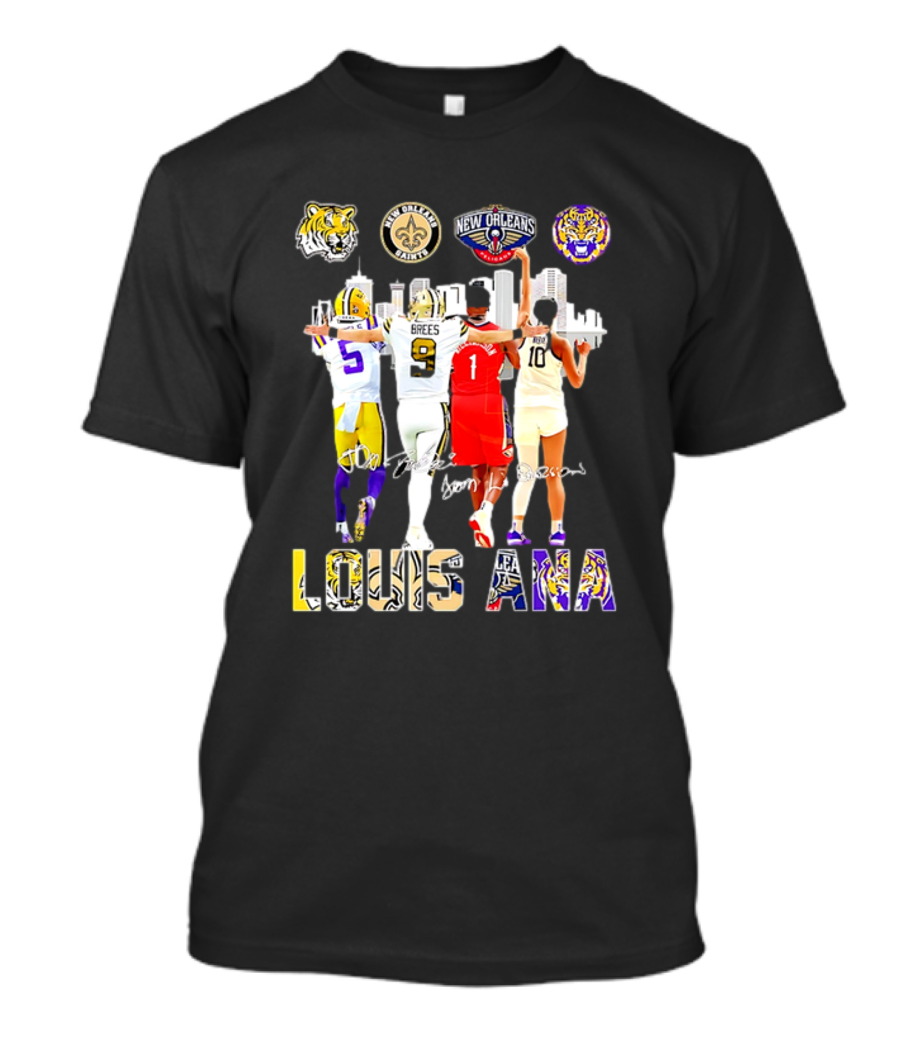 Louisiana Sports Teams 2025 Signatures Skyline Drew Brees Tiger Saint Pelican LSU T-Shirt