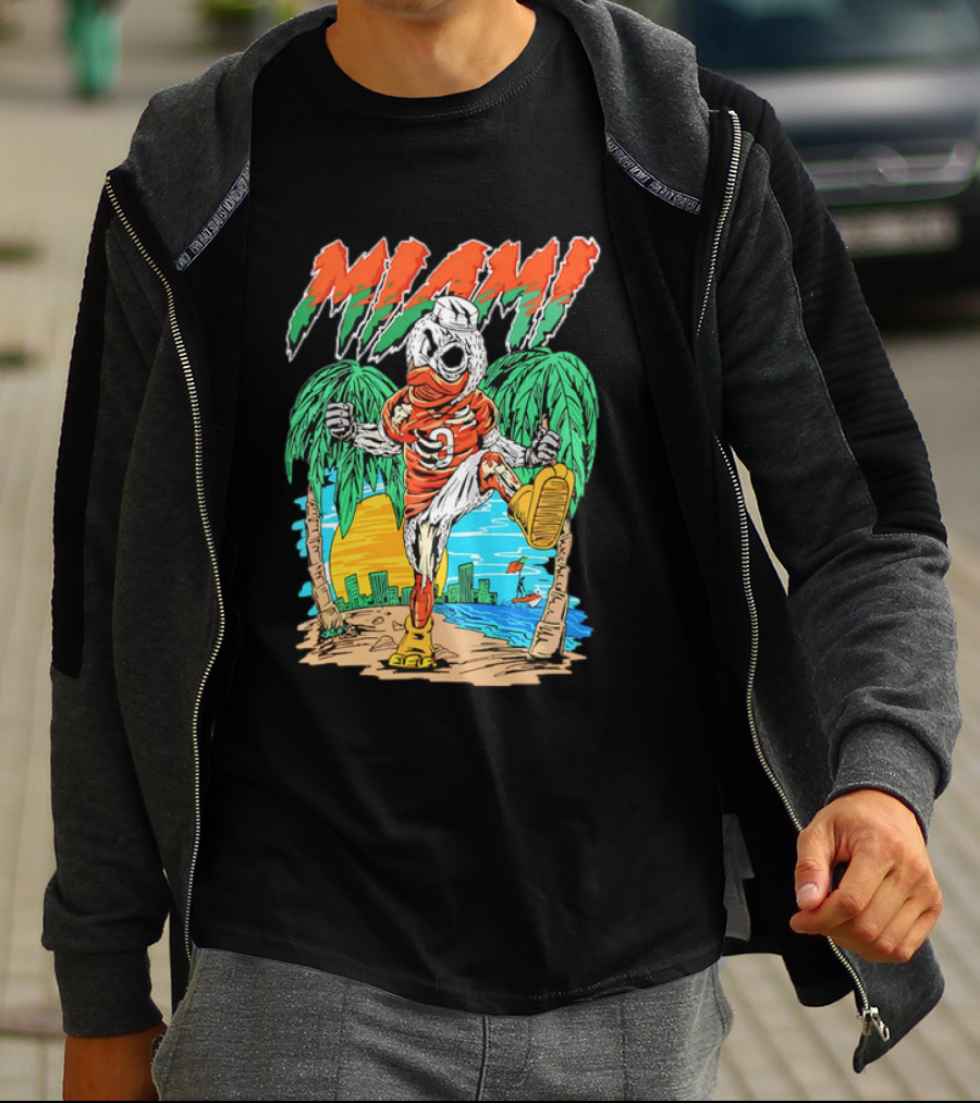 Miami Hurricanes Sebastian The Ibis Palm Trees Cityscape Sunrise T-Shirt