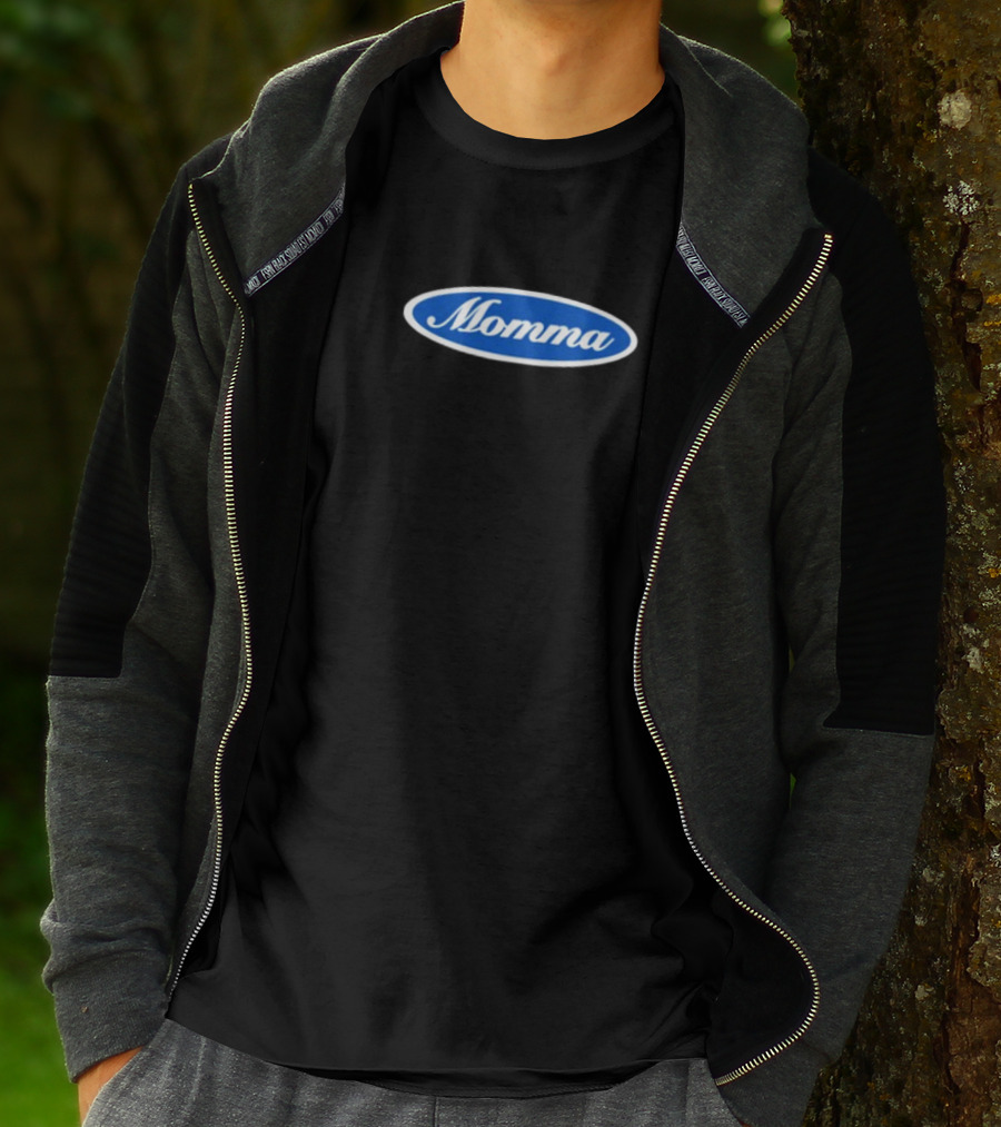 Momma Blue Oval White Script Text T-Shirt