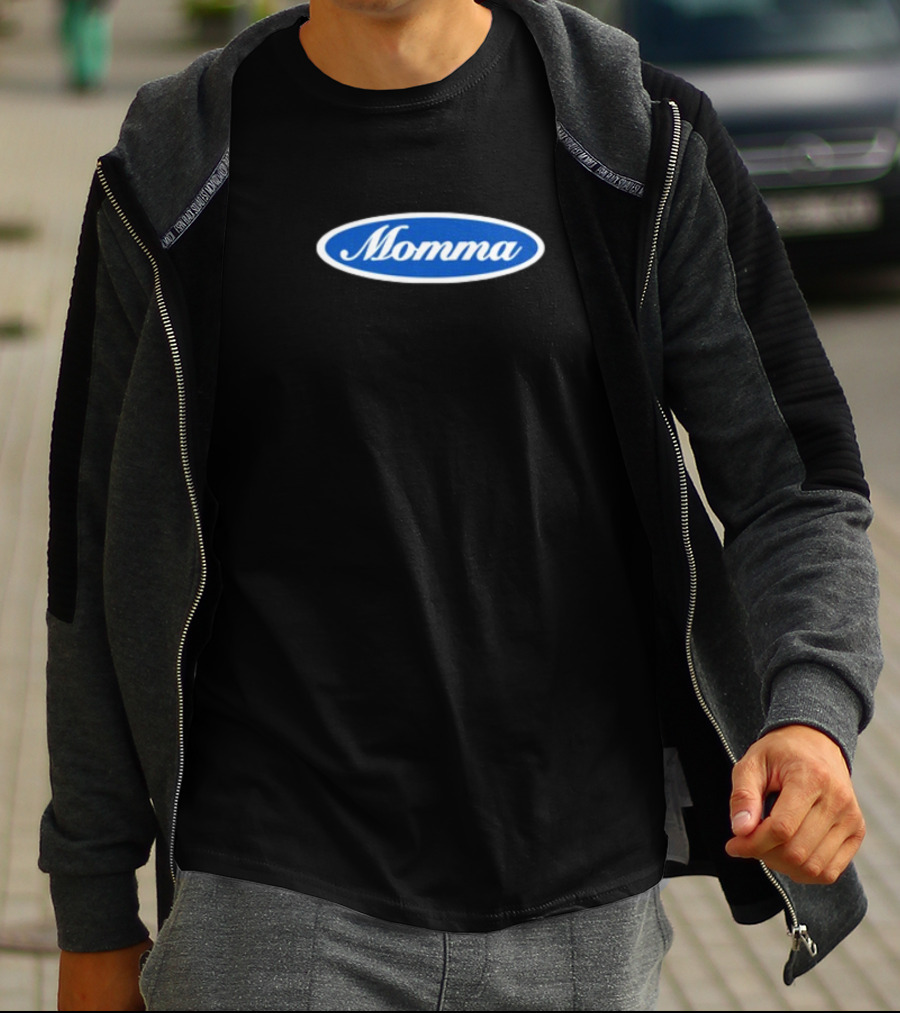 Momma Blue Oval White Script Text T-Shirt