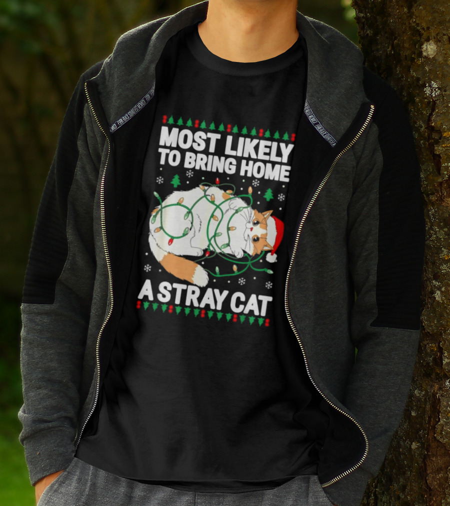 Most Likely To Bring Home A Stray Cat Christmas Lights Santa Hat Festive Holiday Cat T-Shirt