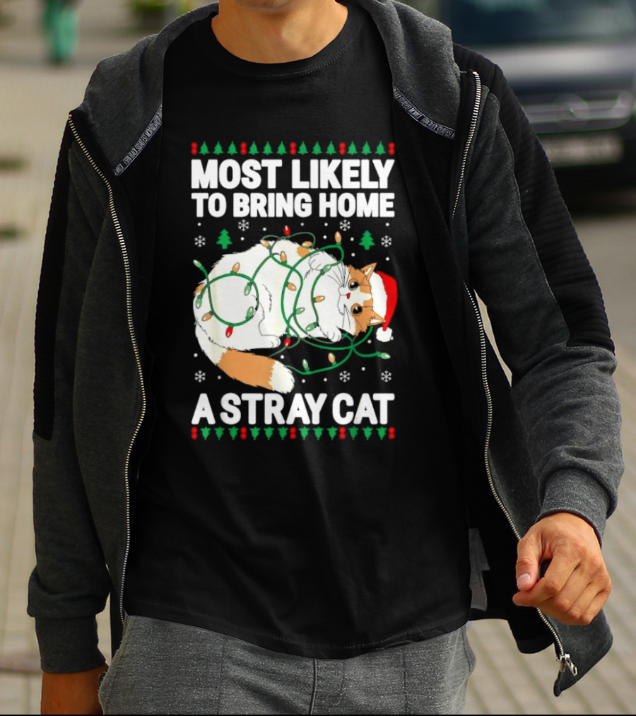Most Likely To Bring Home A Stray Cat Christmas Lights Santa Hat Festive Holiday Cat T-Shirt
