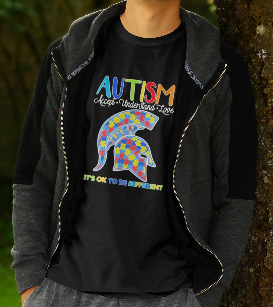 Autism Accept Understand Love It's OK To Be Different Puzzle Pattern Spartan Helmet T-Shirt