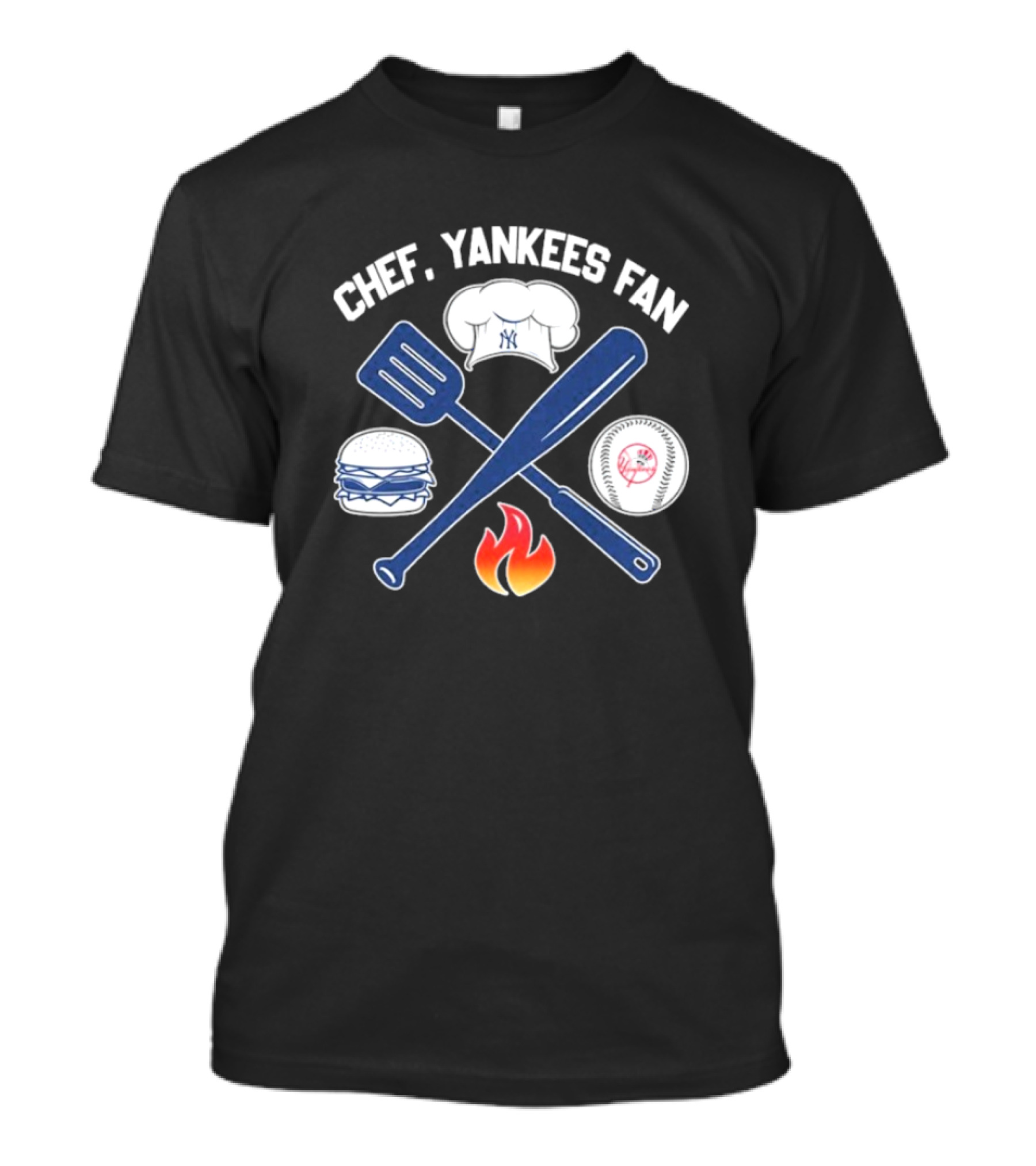 Chef Yankees Fan Hamburgers BBQ Baseball Cap Crossed Spatula Bat Fire Icon T-Shirt