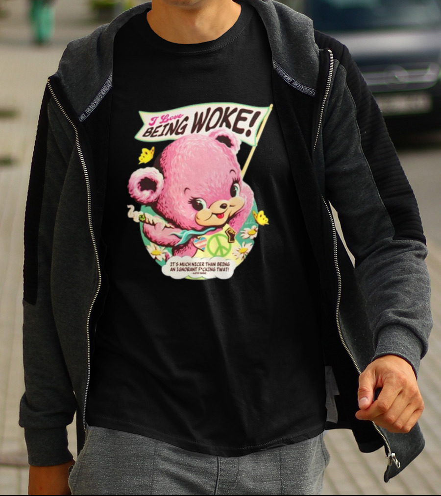 I Love Being Woke Cute Pink Bear Peace Symbol Butterflies T-Shirt