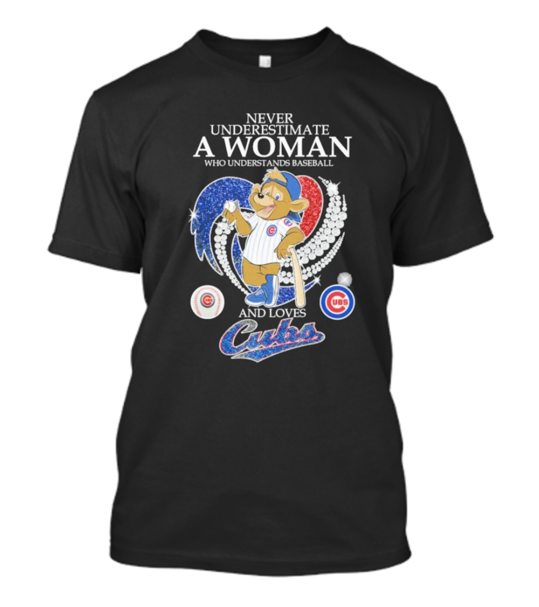 Never Underestimate A Woman Who Understands Baseball And Loves Cubs Chicago Mascot Clark Diamond Heart T-Shirt