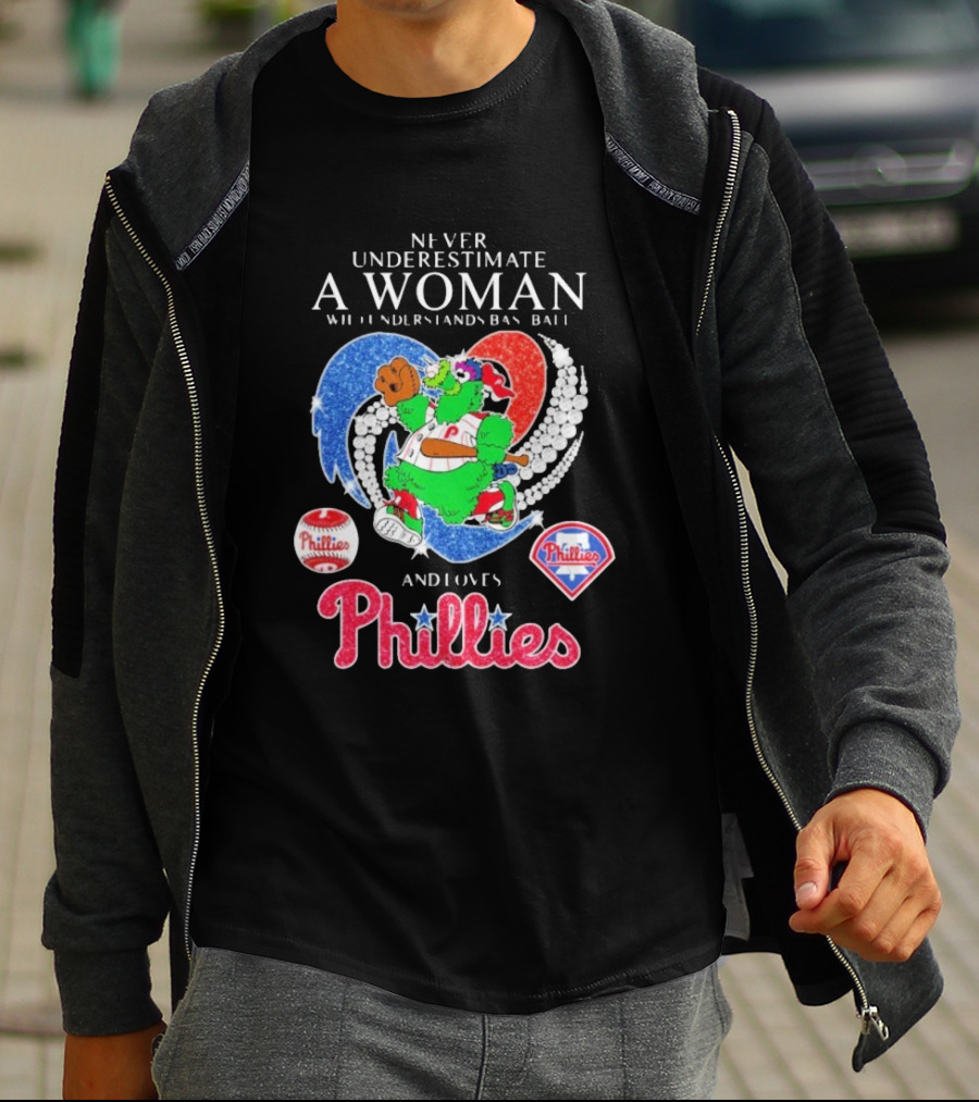 Never Underestimate A Woman Who Understands Baseball And Loves Phillies Mascot Diamond Heart T-Shirt