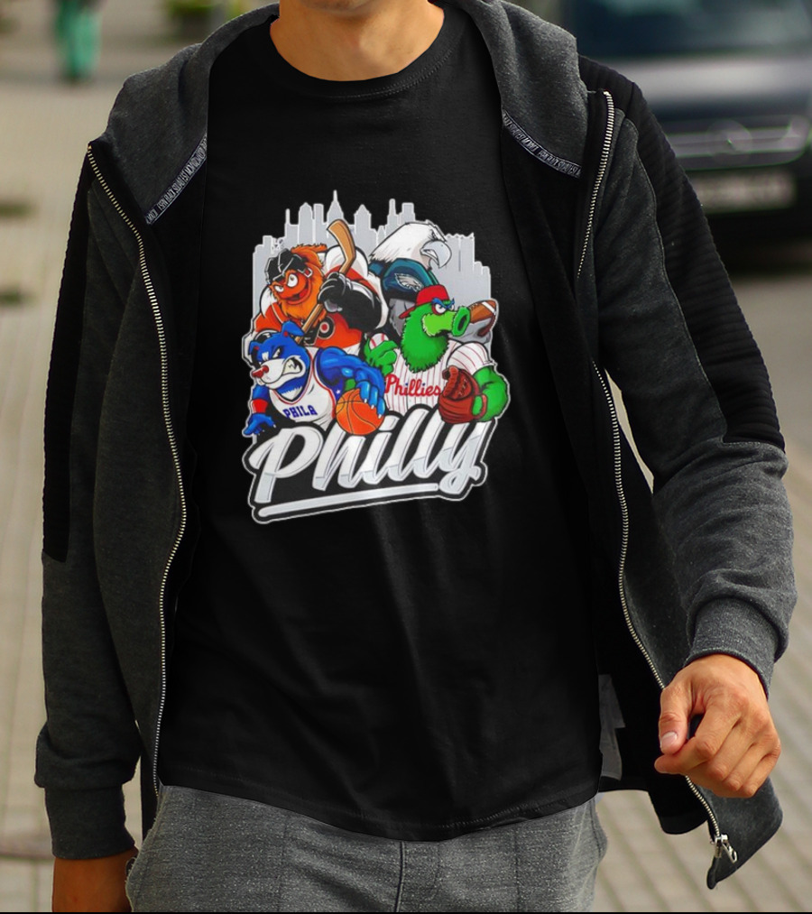 Philly Sports Mascots Basketball Baseball Hockey City Skyline T-Shirt