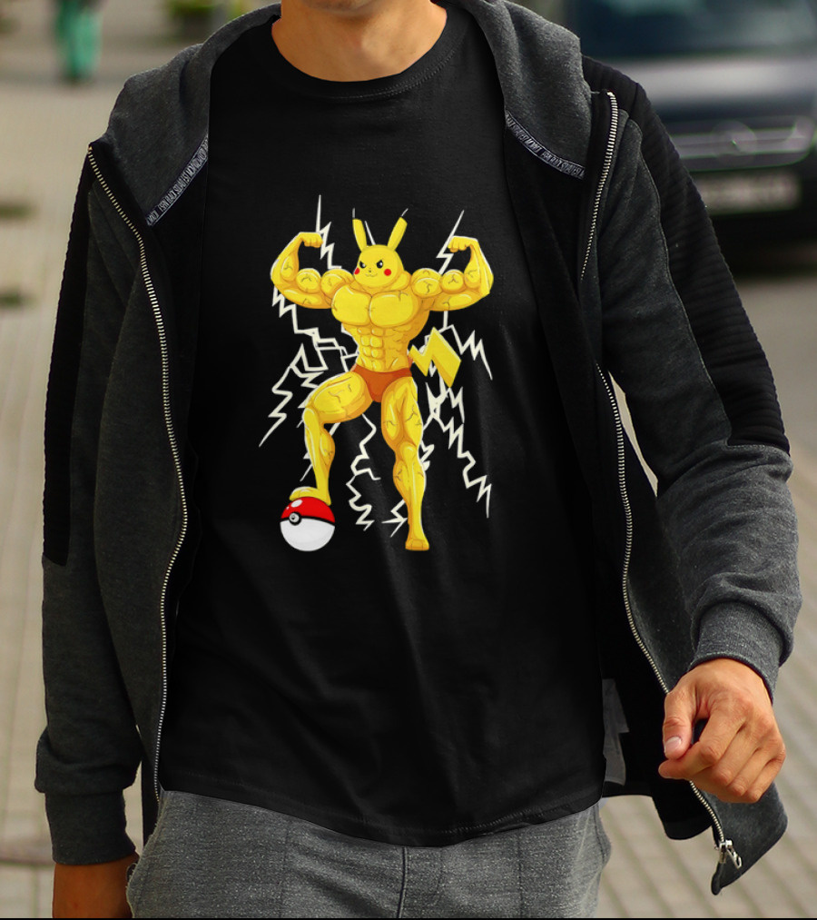 Muscled Pikachu Pumpachu With Lightning And Poké Ball T-Shirt