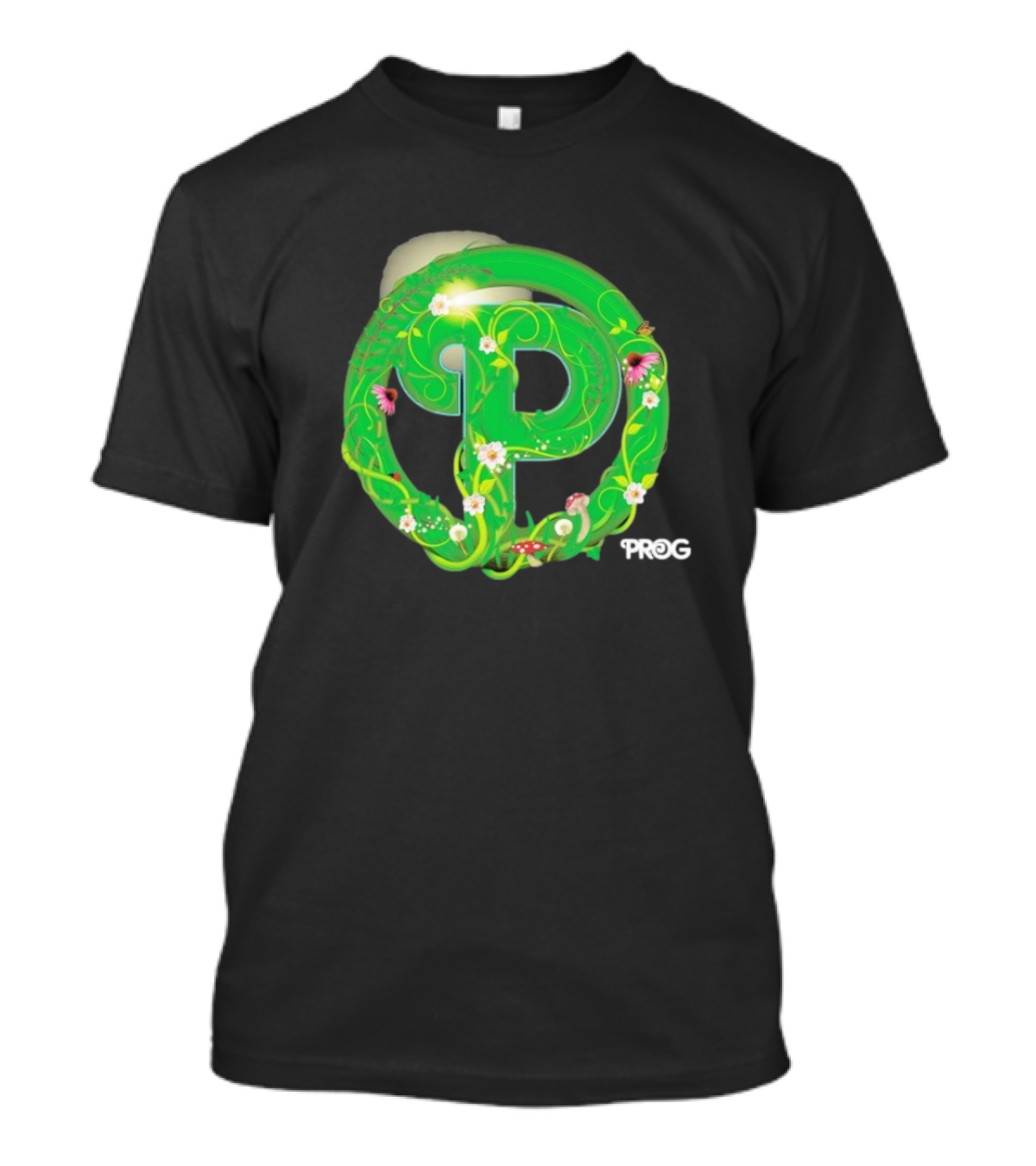 Prog Green Nature-Inspired Letter P With Flowers And Mushrooms T-Shirt