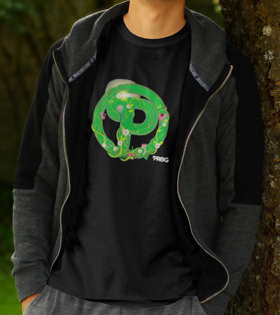Prog Green Nature-Inspired Letter P With Flowers And Mushrooms T-Shirt