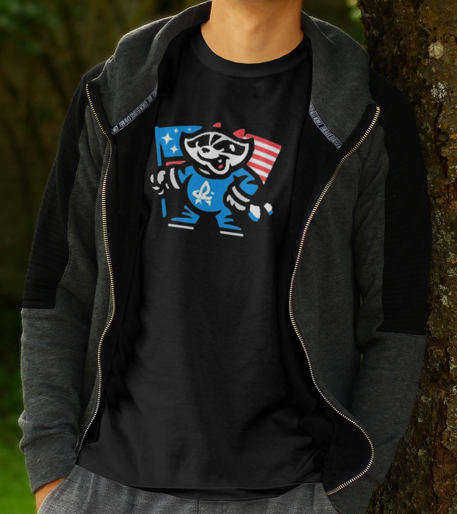Rocket City Trash Pandas Mascot Holding American Flag And Rocket Logo T-Shirt