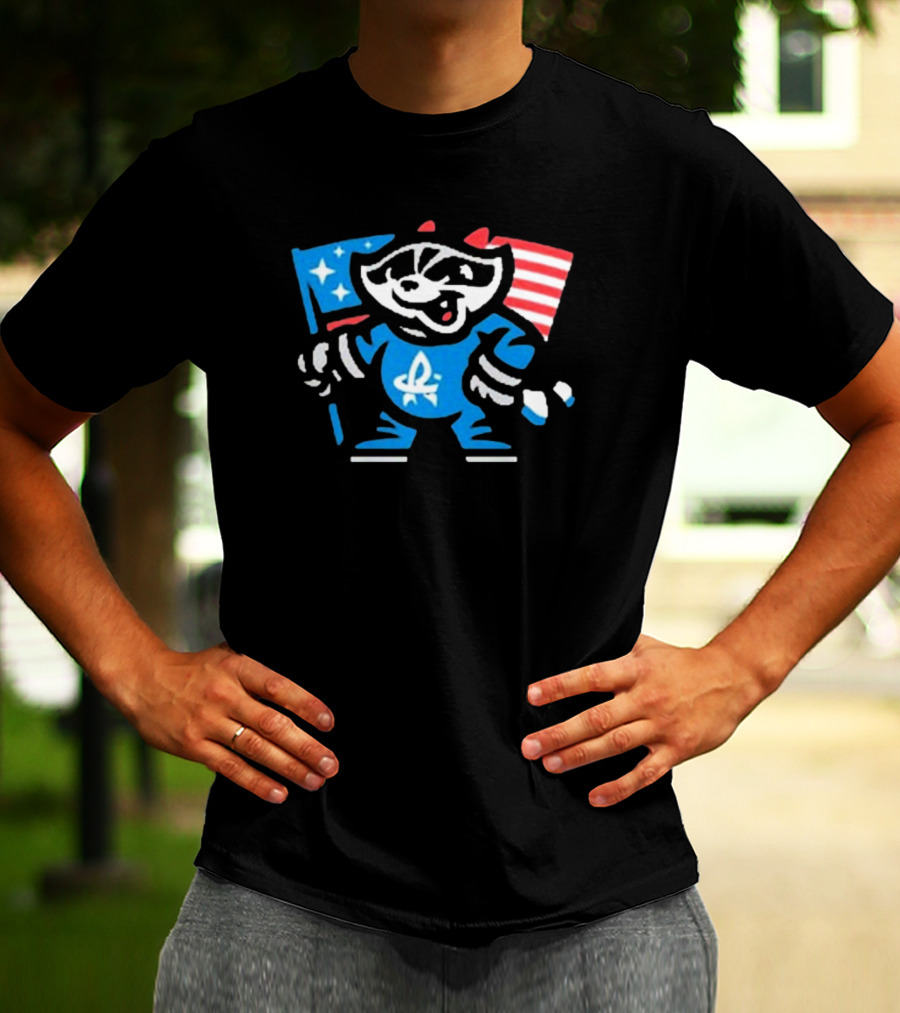 Rocket City Trash Pandas Mascot Holding American Flag And Rocket Logo T-Shirt