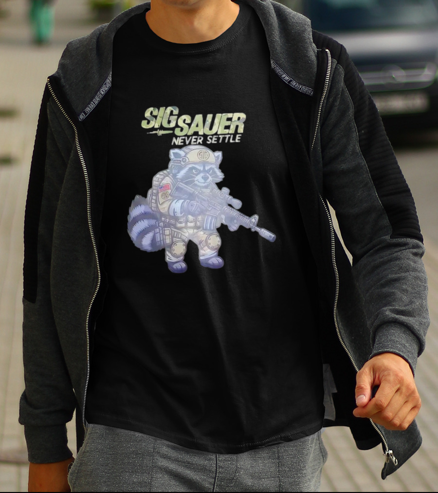 Raccoon Soldier Sig Sauer Never Settle Tactical Gear T-Shirt