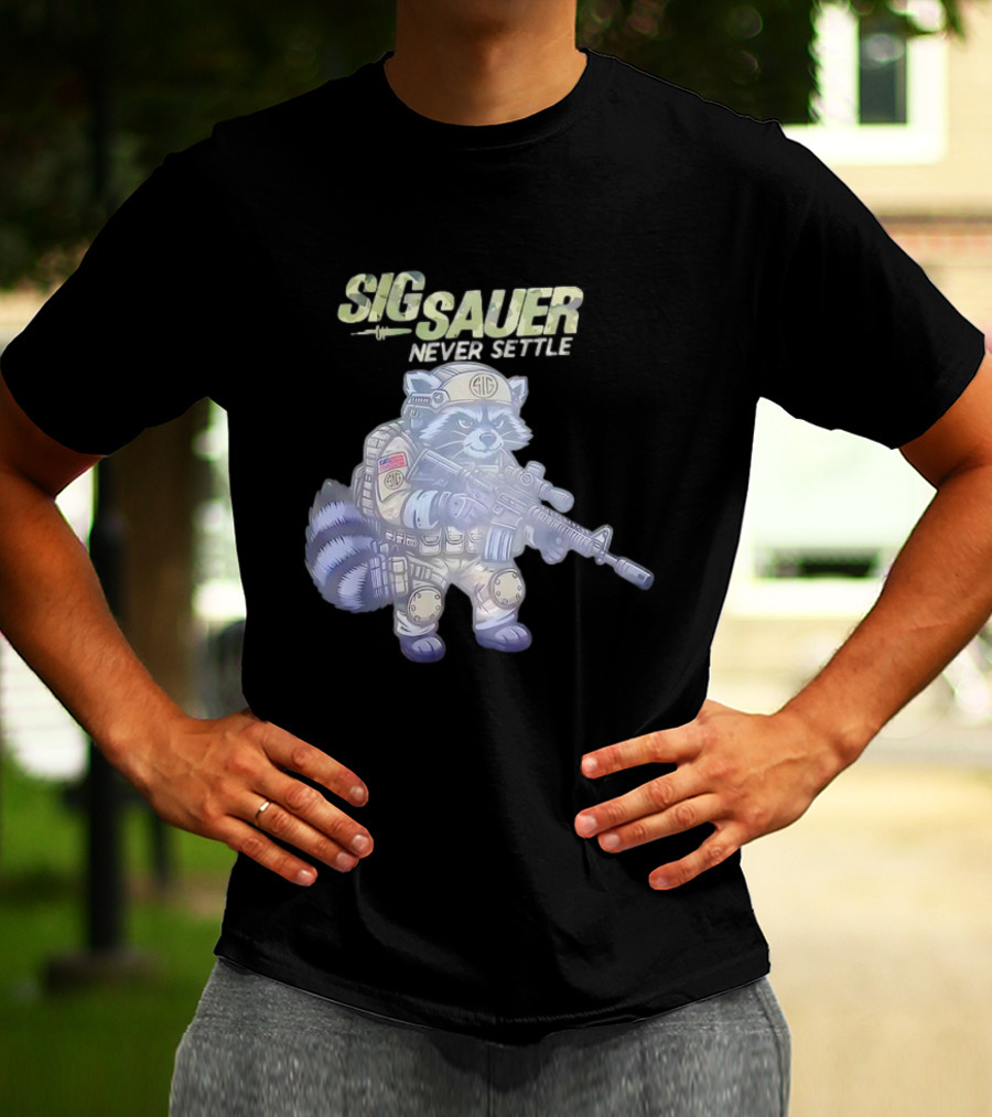 Raccoon Soldier Sig Sauer Never Settle Tactical Gear T-Shirt