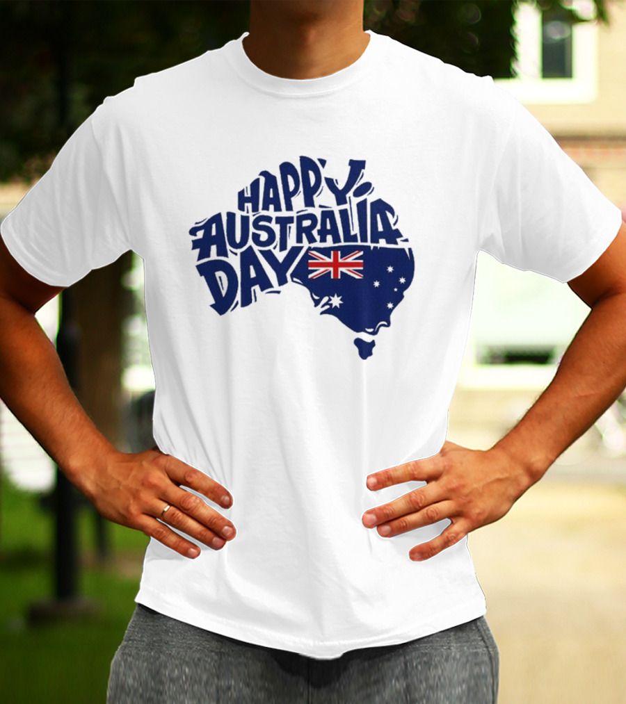 Happy Australia Day Map With Flag Inside Text T-Shirt