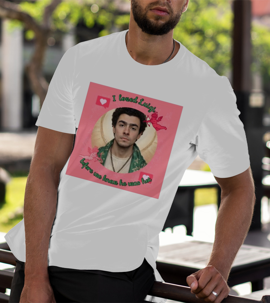 I Loved Luigi Before We Knew He Was Hot Pink Background Heart And Cupid Design T-Shirt