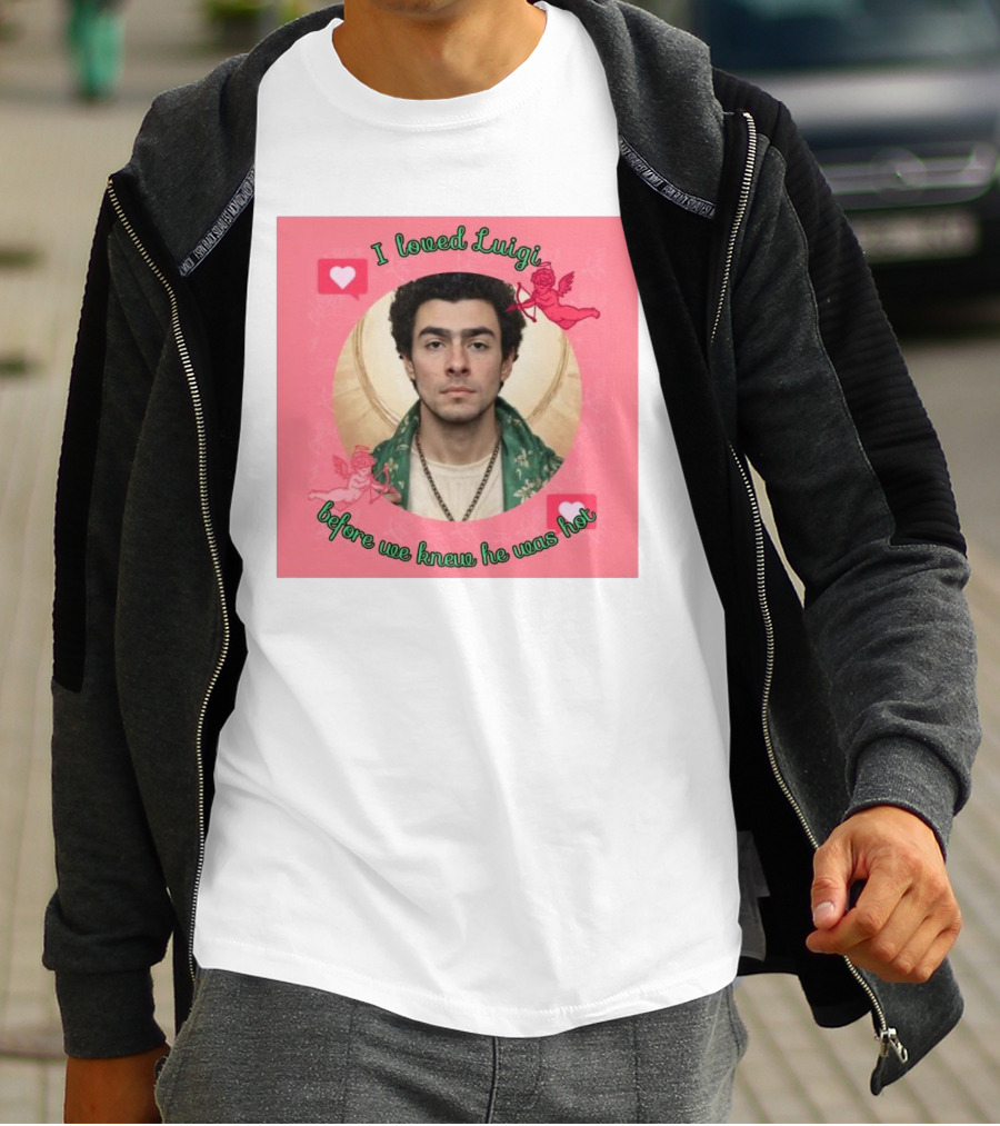 I Loved Luigi Before We Knew He Was Hot Pink Background Heart And Cupid Design T-Shirt